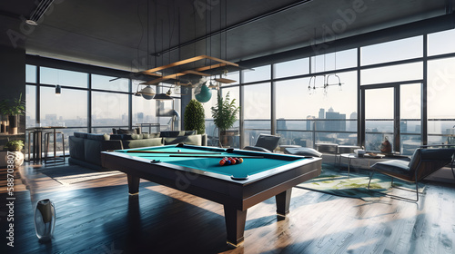 internal design with pool table in a amazing penthouse living room, 3d render, generative ai © Nicola