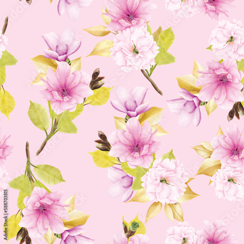 cherry blossom floral summer and spring seamless pattern © lukasdedi
