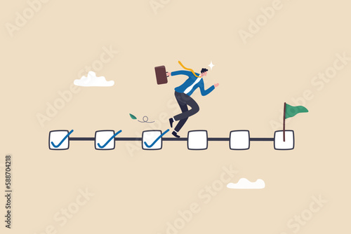 Project management, task tracking or work progress, tracking finish or completed tasks, planning or productivity concept, businessman project manager running on completed checkbox to reach goal.