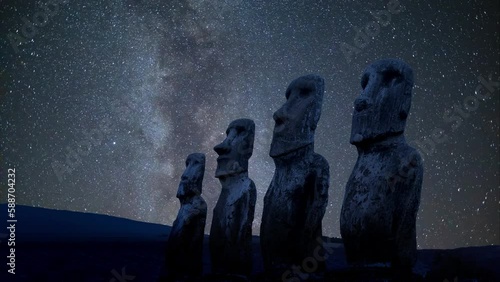 Time Lapse of Moai on Eatern Islands at night photo
