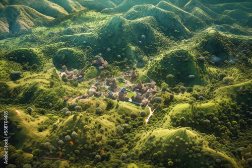 Aerial view of a mountain landscape. Mountains and valleys covered with dense forest and meadows from a bird s eye view. Fantasy landscape. 6K high resolution image. Generative AI