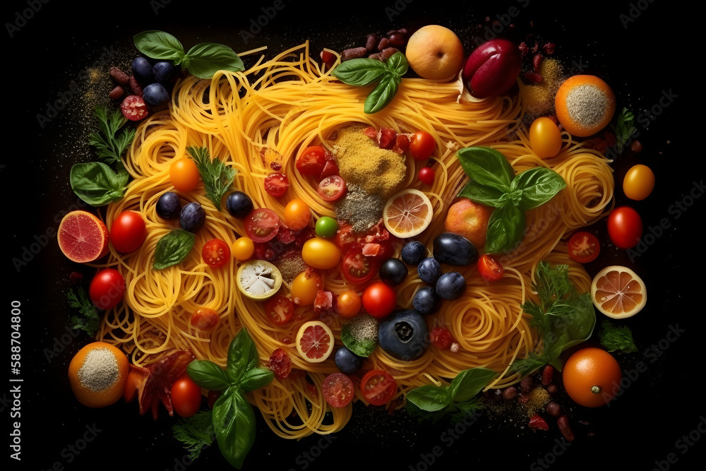Spaghetti with many ingredients. Generative AI Spaghetti with many ingredients. Generative AI