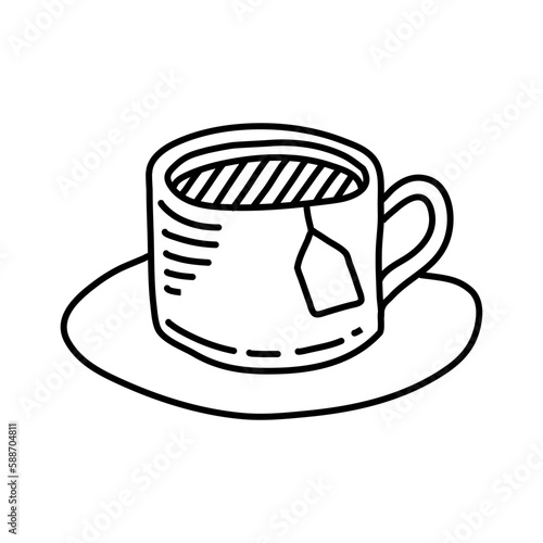 Cup with tea bag hand drawn outline doodle icon.  sketch illustration for print, web, mobile and infographics isolated on white background.