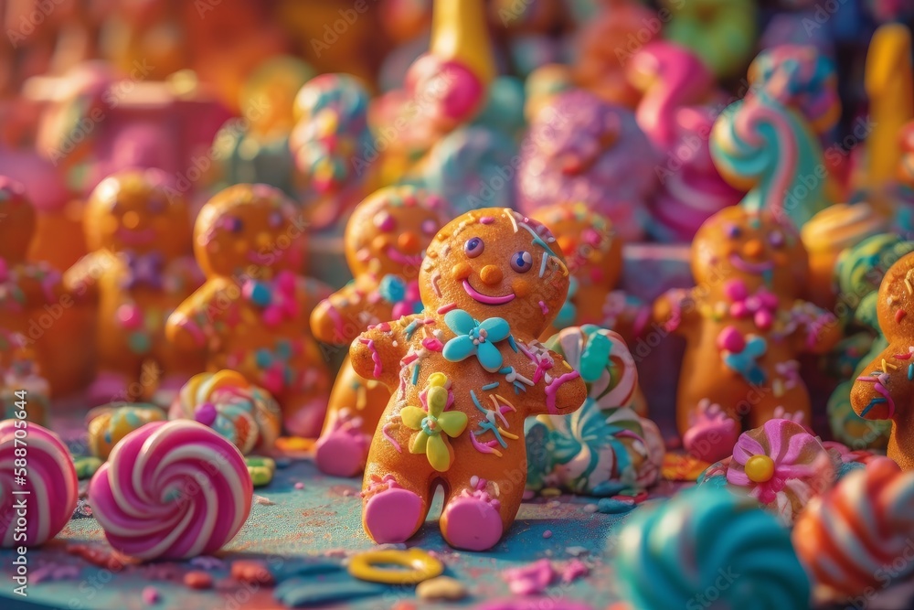 Photo of a vibrant assortment of colourful ginger bread people up close created with Generative AI technology
