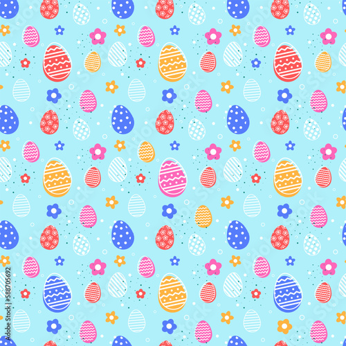 Colourful Easter background with eggs and flowers. Seamless pattern. Vector illustration