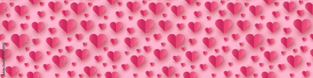 Paper cut hearts on pink background. Seamless pattern design. Banner. Vector illustration