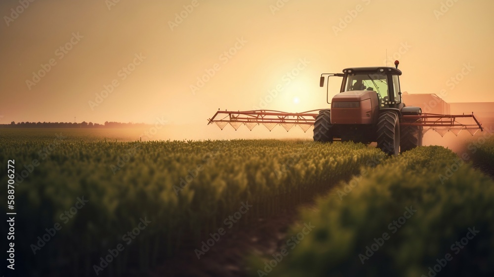 Fototapeta premium Tractor Spraying Pesticides on Green Soybean Plantation at Sunset. Generative AI
