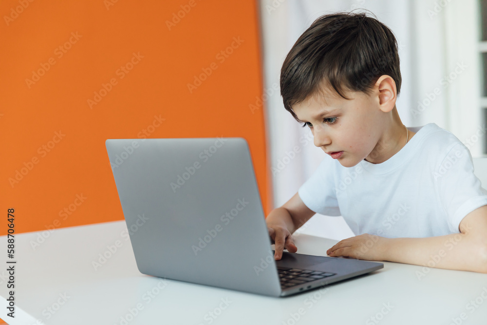 a boy playing on a laptop at a table in the room a boy playing on a laptop at a table in the room