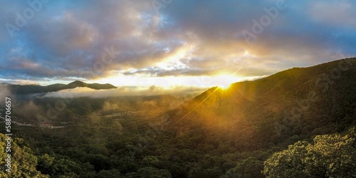Aerial view of the sun shining over Maggie Valley in North Carolina