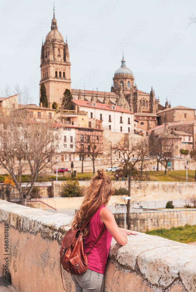 Tourism at Salamanca, view of Cathedral and bridge- Castile and leon in SPain