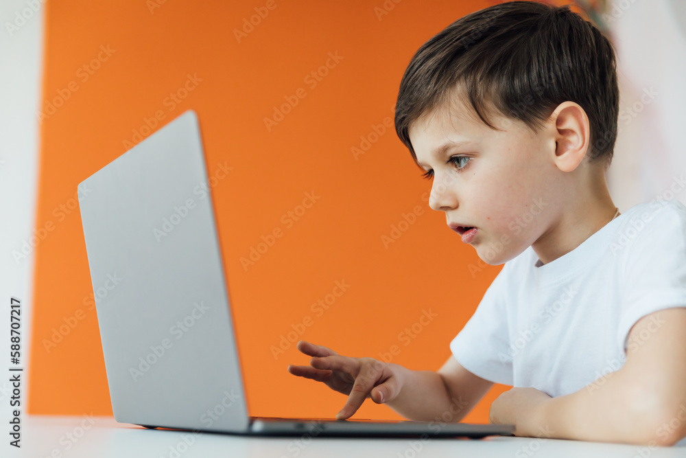 education online online games boy sits at the computer in the office education online online games boy sits at the computer in the office
