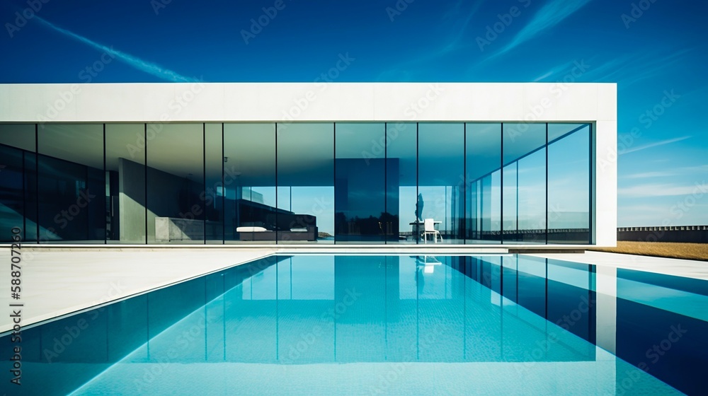 Obraz premium Modern house architecture with glass walls and swimming pool. Generative AI