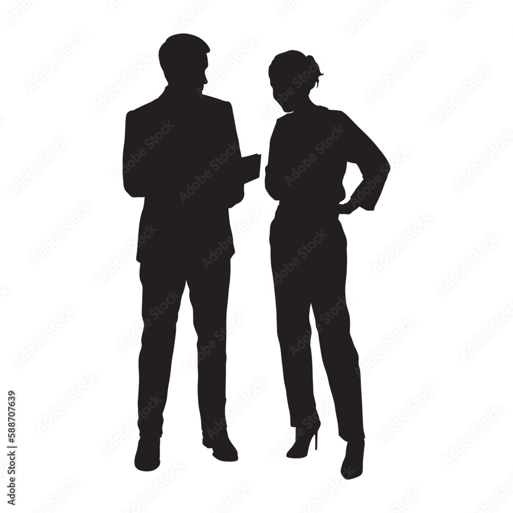 Full length two business people standing and talking discussion vector silhouette.