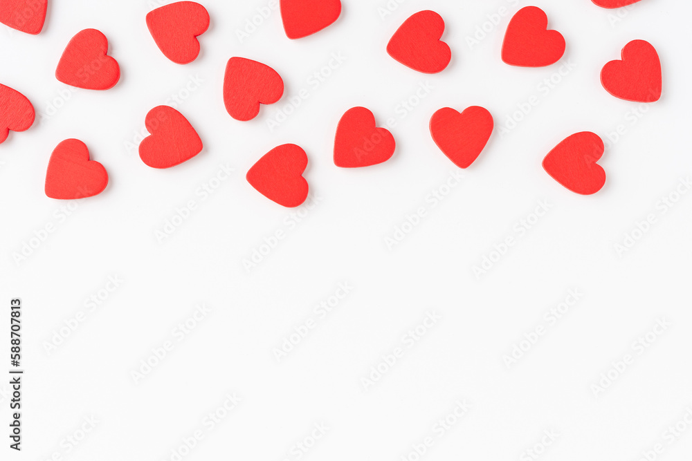 Background with red hearts and copyspace. Top view