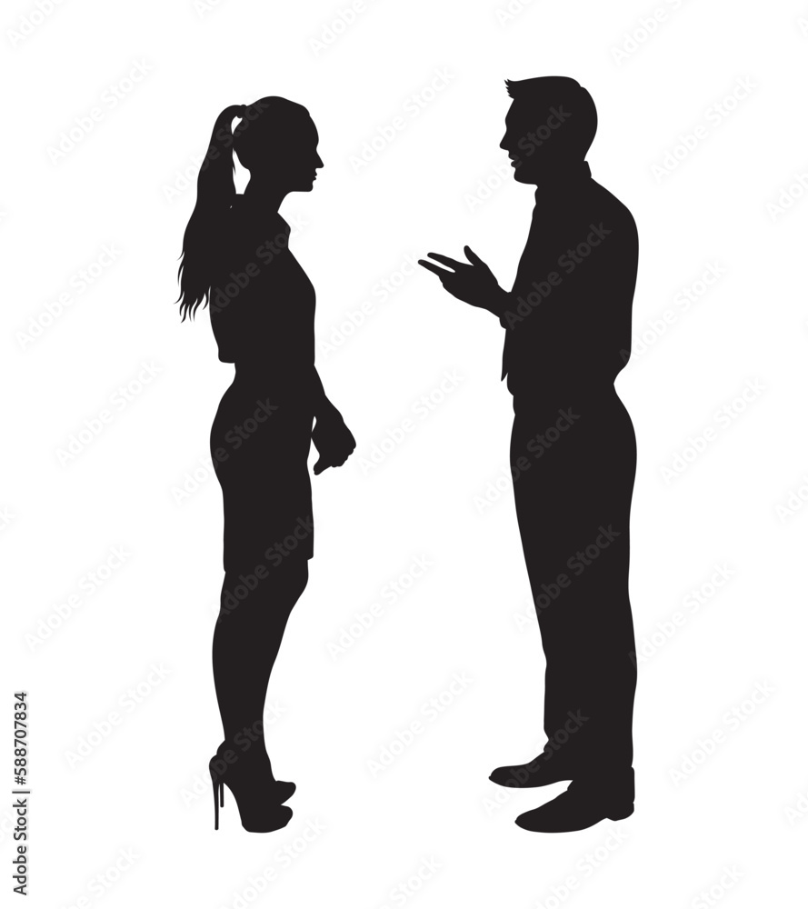 Full length business man and woman standing and talking vector silhouette.