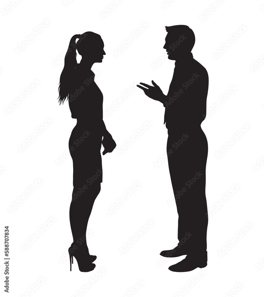 Full length business man and woman standing and talking vector silhouette. Full length business man and woman standing and talking vector silhouette.