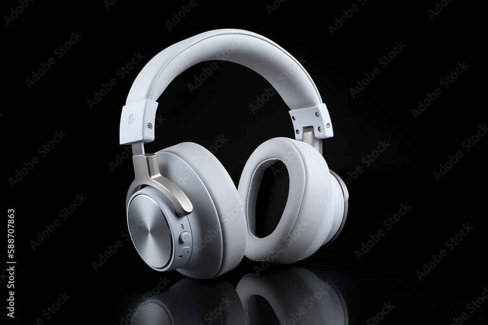 Headphones isolated on a black background. Headphone product photo. Generative AI Headphones isolated on a black background. Headphone product photo. Generative AI