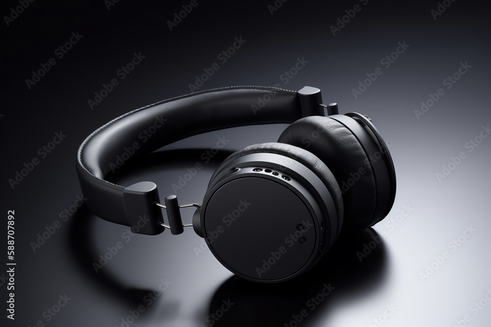 Headphones isolated on a black background. Headphone product photo. Generative AI Headphones isolated on a black background. Headphone product photo. Generative AI