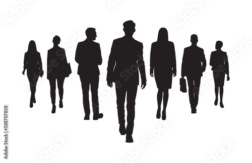 Business people walking together with confident front view vector silhouette. Business team walking toward camera black silhouette.