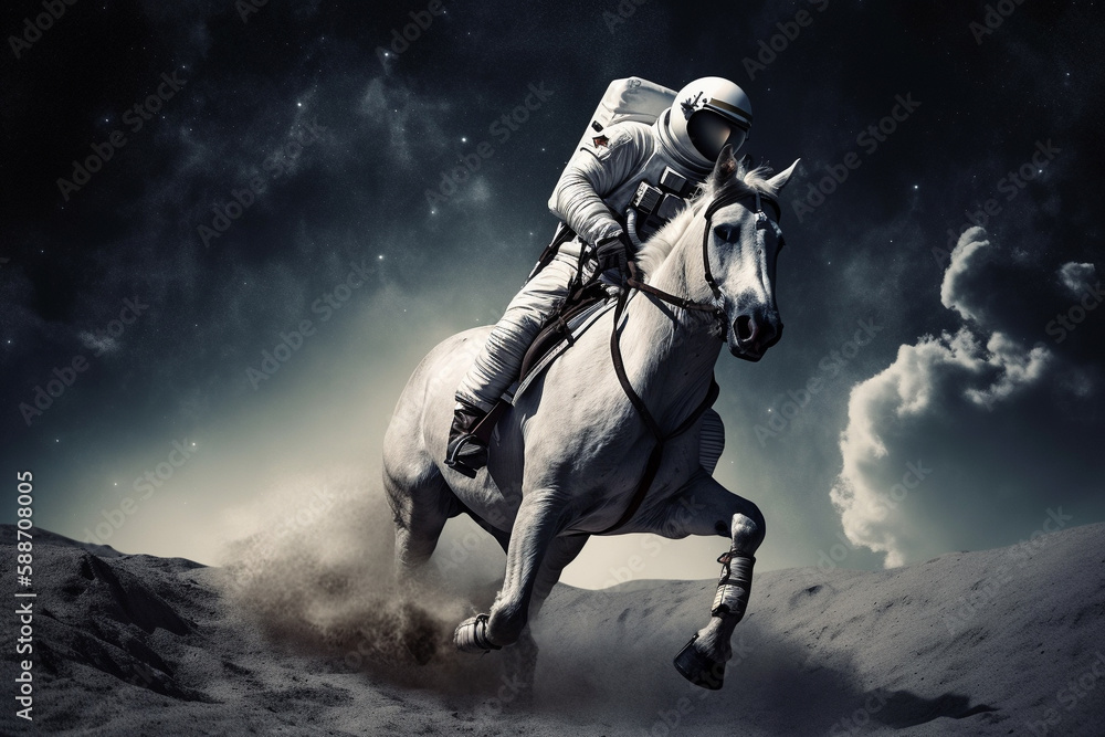 Fototapeta premium Cosmonaut or astronaut on a horse on the moon walking in space. Funny concept for astronomy and exploration. Ai generated