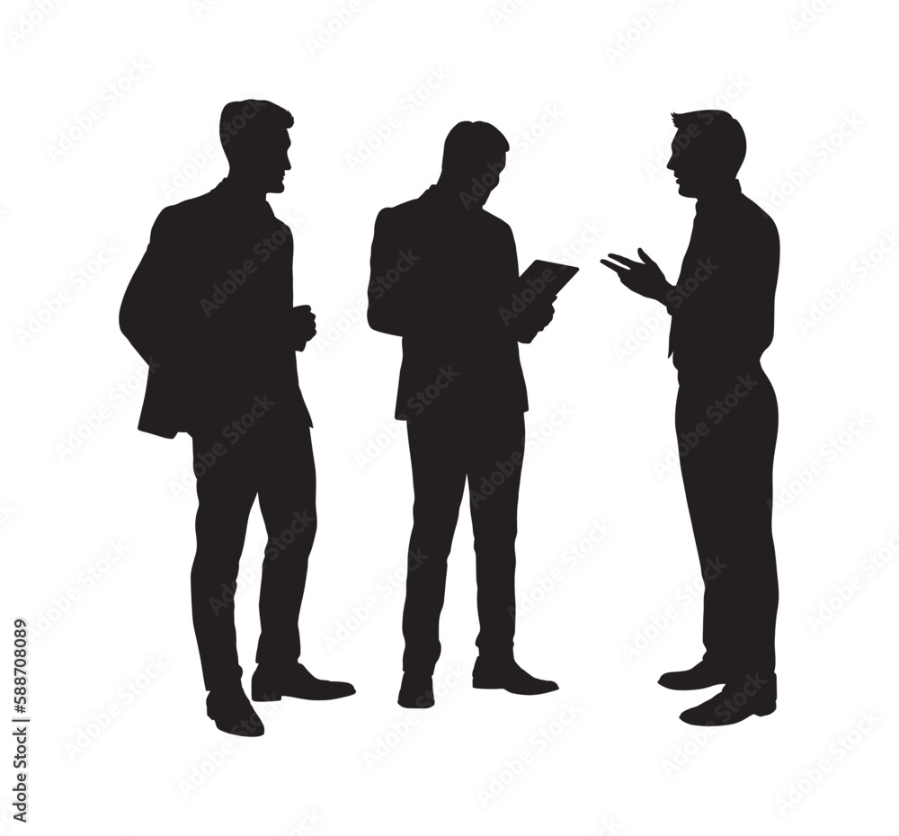 Business people group standing and talking vector silhouette.