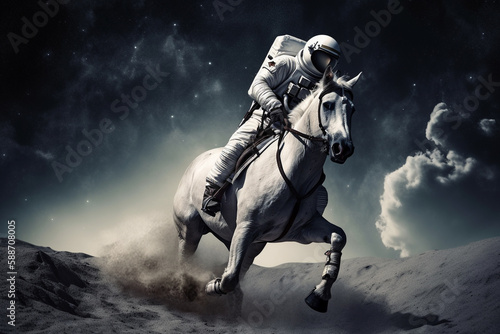 Cosmonaut or astronaut on a horse on the moon walking in space. Funny concept for astronomy and exploration. Ai generated