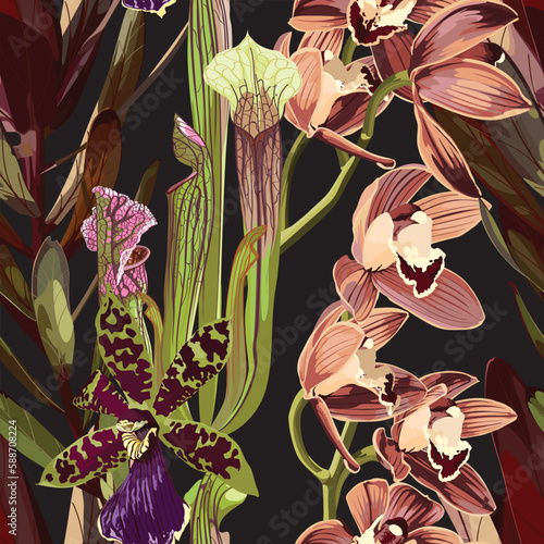 Seamless pattern with hand drawn colored decorative brown and violet tropical flowers.