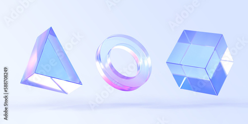 Glass triangle, ring and cube box, 3d render icons set. Abstract geometric shapes with holographic gradient texture, crystal rainbow objects, graphic elements isolated on background. 3D illustration