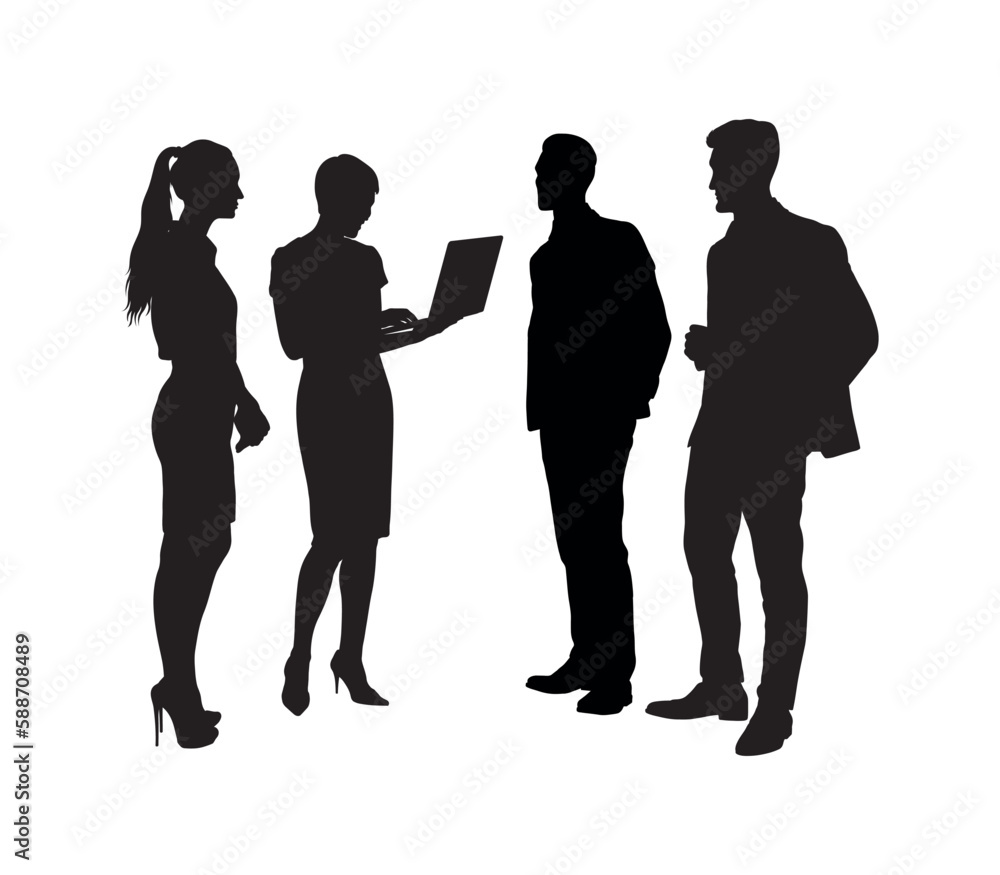 Full length group of business people standing and talking vector silhouette.