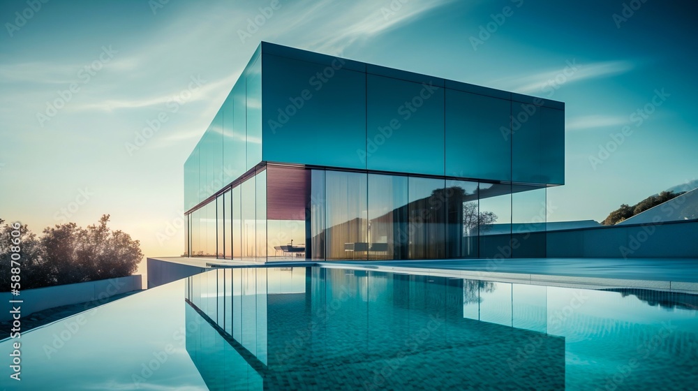 Obraz premium Modern house architecture with glass walls and swimming pool. Generative AI