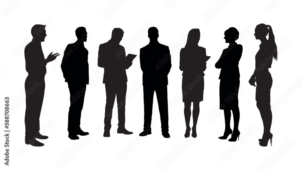 Group of business people team standing and talking full length vector silhouette. Business team meeting silhouette.