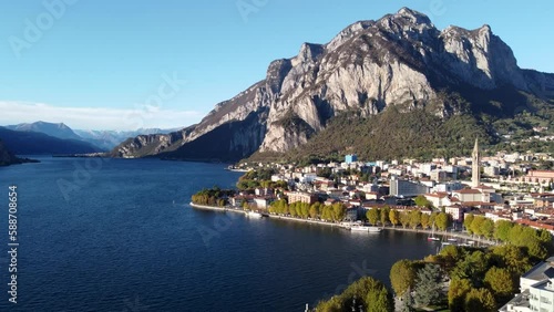 Skyline of Lecco with mountains in the background. Italy.