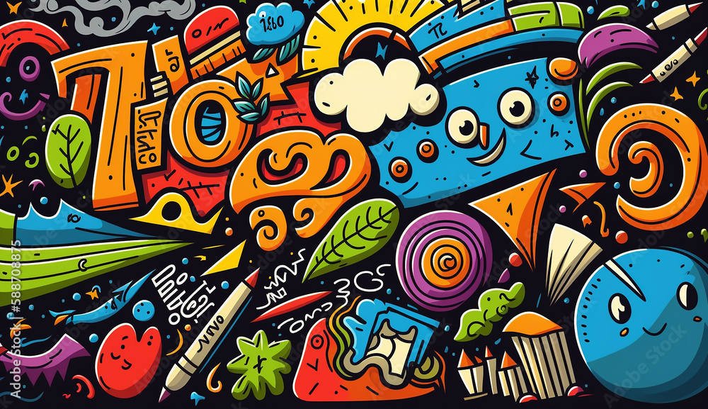 Obraz premium Cartoon cute colorful hand drawn doodles animal Generative AI
