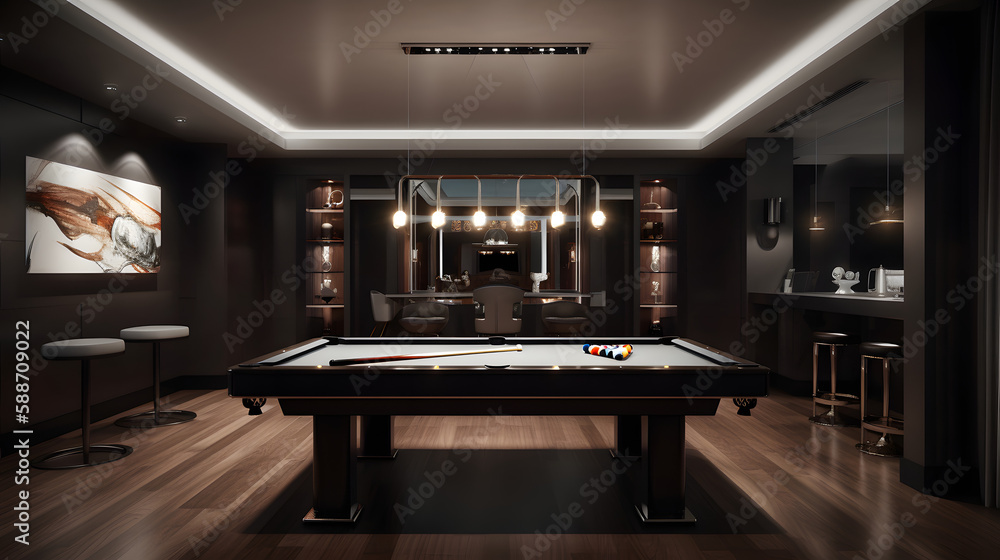 Picture of internal design with pool table in a amazing penthouse living room, 3d ...