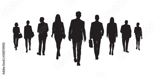 Business people walking together with confident front view vector silhouette. Group of business team walking toward camera silhouette.