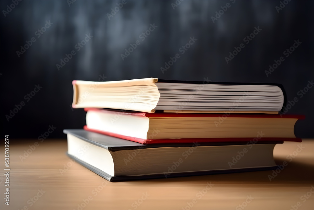 Stack of colorful books isolated on dark background. Back to school and education learning concept. Generative AI Stack of colorful books isolated on dark background. Back to school and education learning concept. Generative AI