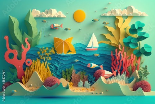 Colorful Summer time background with tropical sea, Paper craft style. generative AI