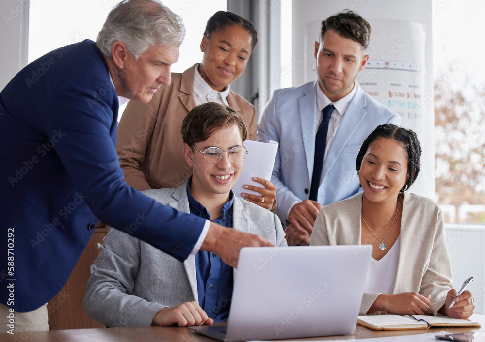 Teamwork, laptop and collaboration of a office group with management and diversity. Business people, computer data check and planning staff with happiness from team building and financial project