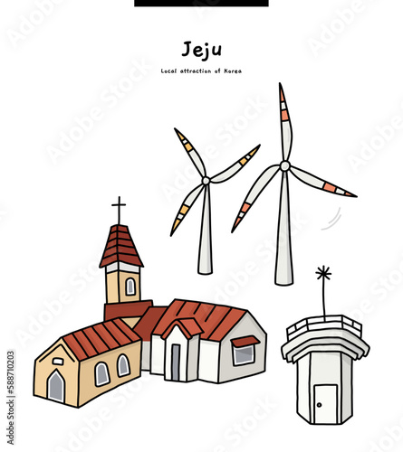 This is an image representing Jeju Island in Korea. There are many wind farms in windy Jeju Island. The other is the old Seopjikoji tourist attraction.