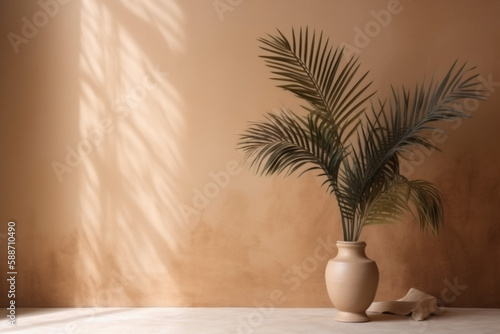 wall home design beige natural vase shadows concrete interior decor sunlight. Generative AI.