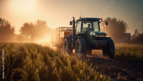 Fotografie, Obraz a tractor sprays pesticides on plantation field at sunset