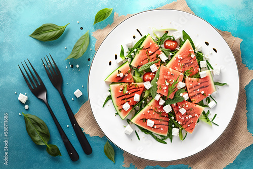 Top view watermelon salad with arugula and feta cheese in white plate on the blue table. Fresh summer diet vegan food. AI Generative.