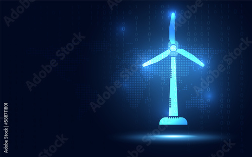 Wind turbine generator on blue abstract digital binary code background. Technology and energy concept. New futuristic system technology sign and symbol. Vector illustration.