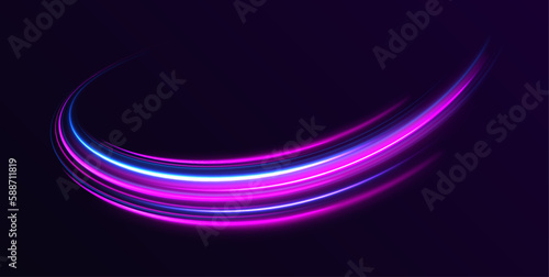 Dynamic composition of bright lines forming lights track of speed movement, futuristic dark background with neon glow, graphic design element