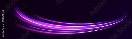 Luminous bright background. High speed effect motion blur night lights blue and red. Magic shining neon light line trails. Purple glowing wave swirl, impulse cable lines. Long time exposure. Vector	