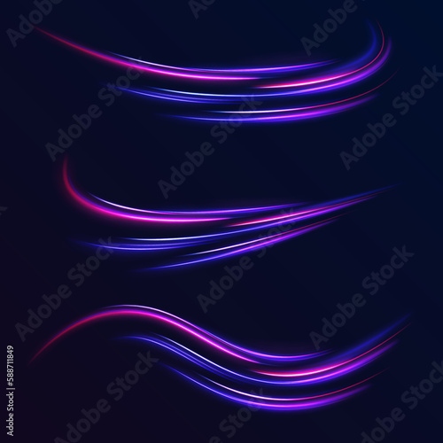 Dynamic composition of bright lines forming lights track of speed movement, futuristic dark background with neon glow, graphic design element