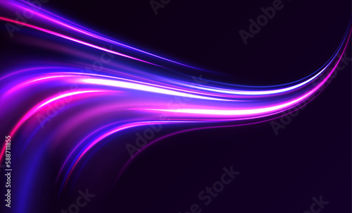 Dynamic composition of bright lines forming lights path of speed movement, futuristic dark background, graphic design element