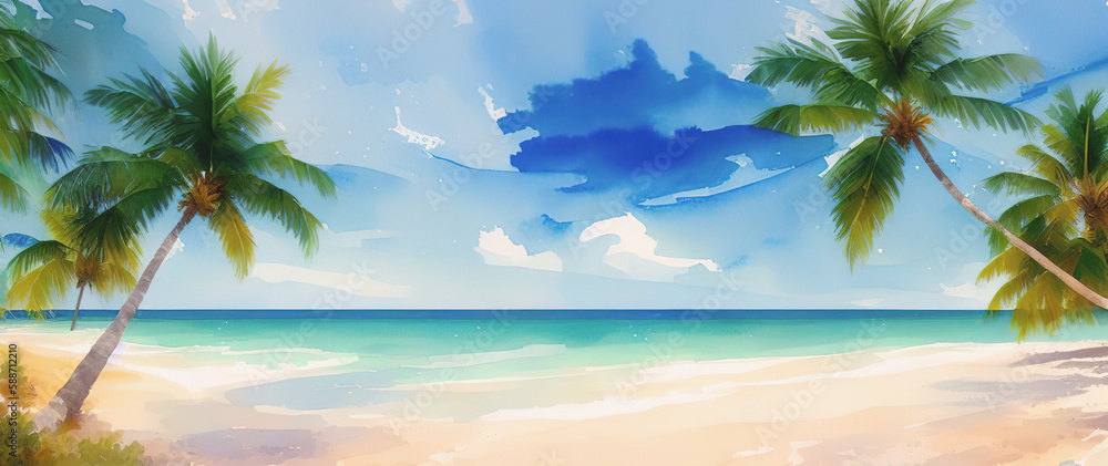 Obraz premium Coconut palm on the shore of a tropical island, ocean, sand, Generative AI.