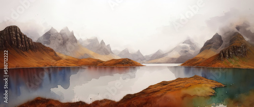 Mountain landscape with lakes in Scotland, UK, Generative AI.