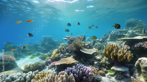 Under Water Scene With Coral Reef And Exotic  Fishes tropical And Sunshine  Generative AI  illustration